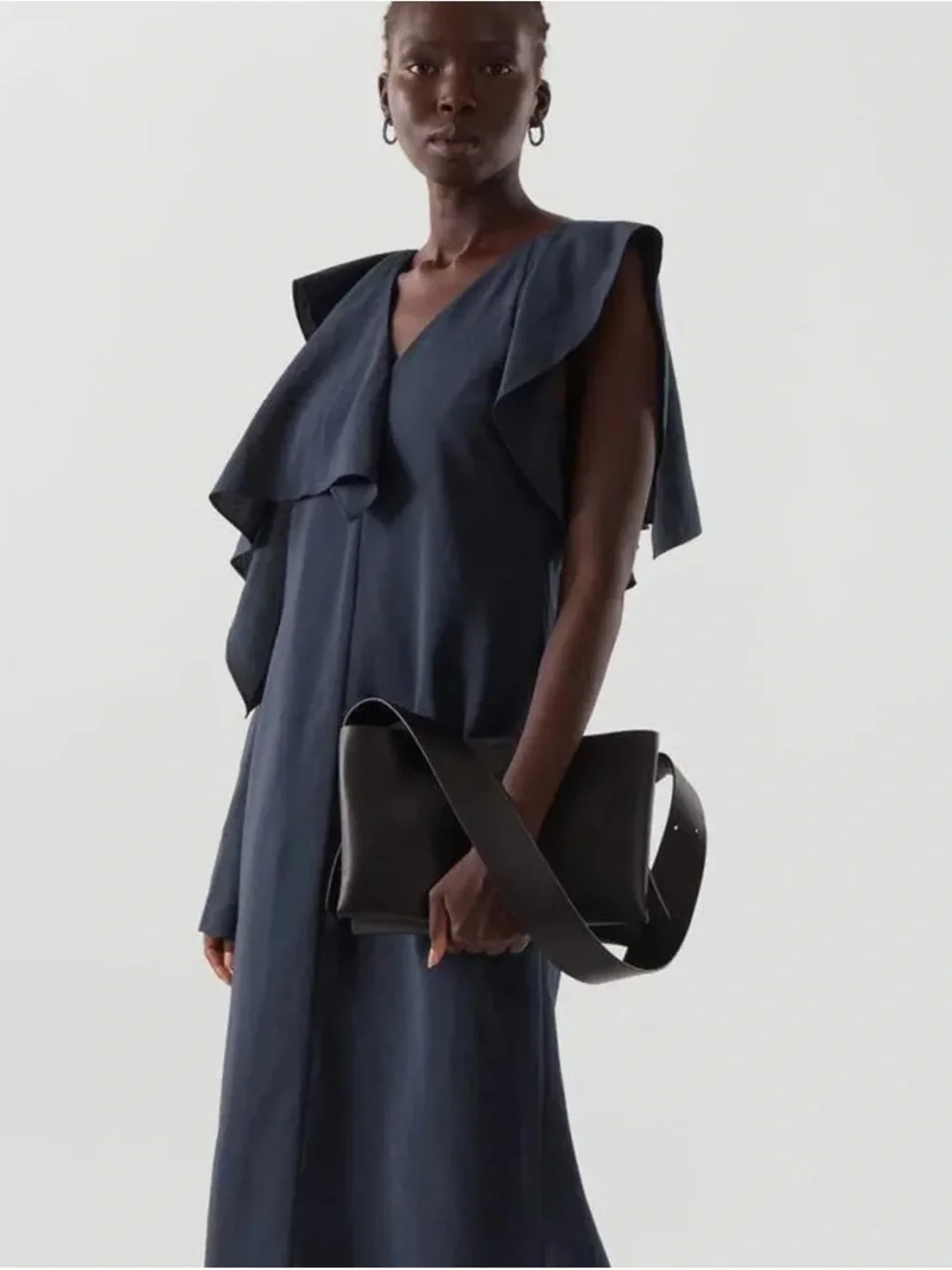COS Navy Blue Asymmetrical Maxi Dress with Draped Shoulder 8 US